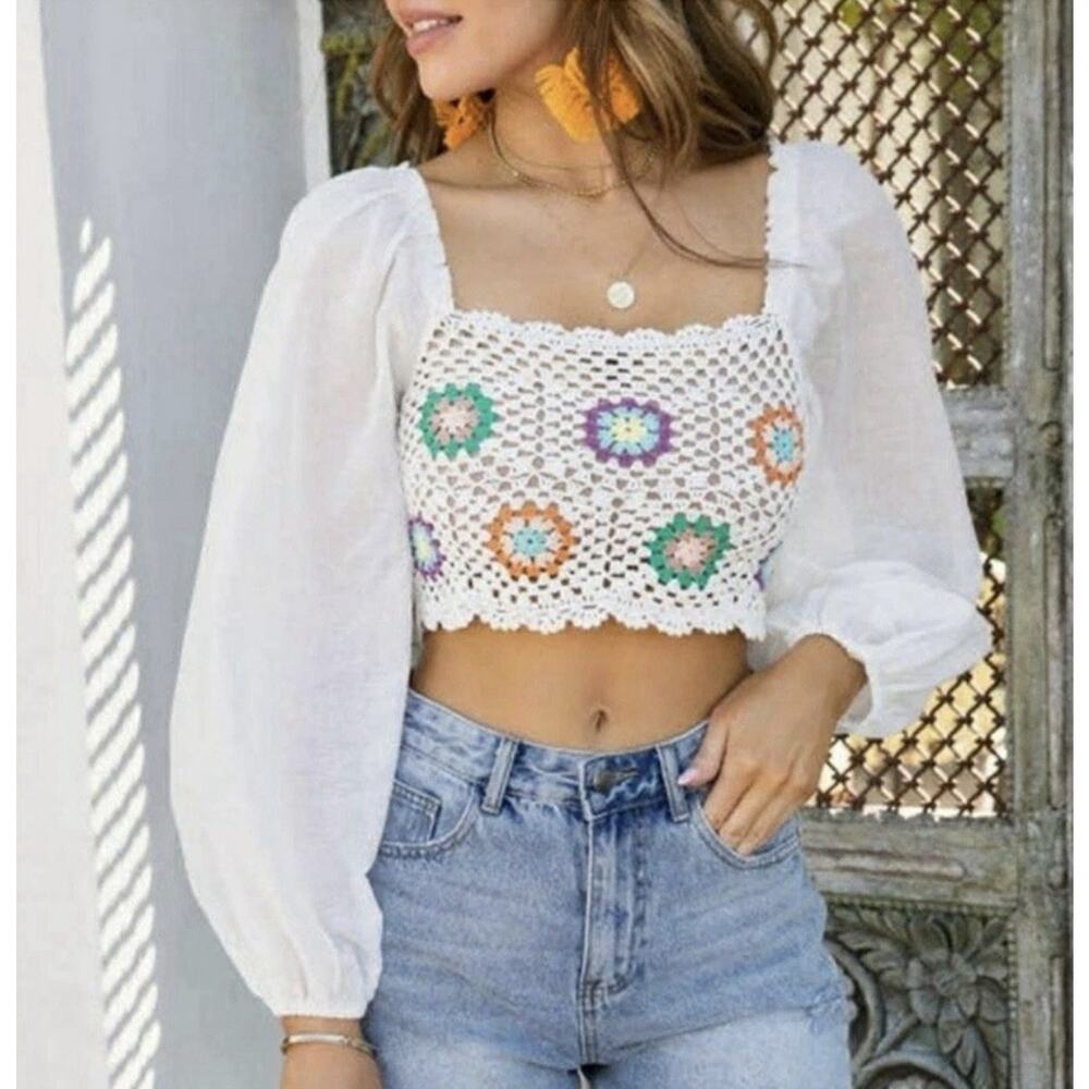 Aerie Womens Crochet Vacay Top Medium Boho Granny Square Festival 70s Hippie